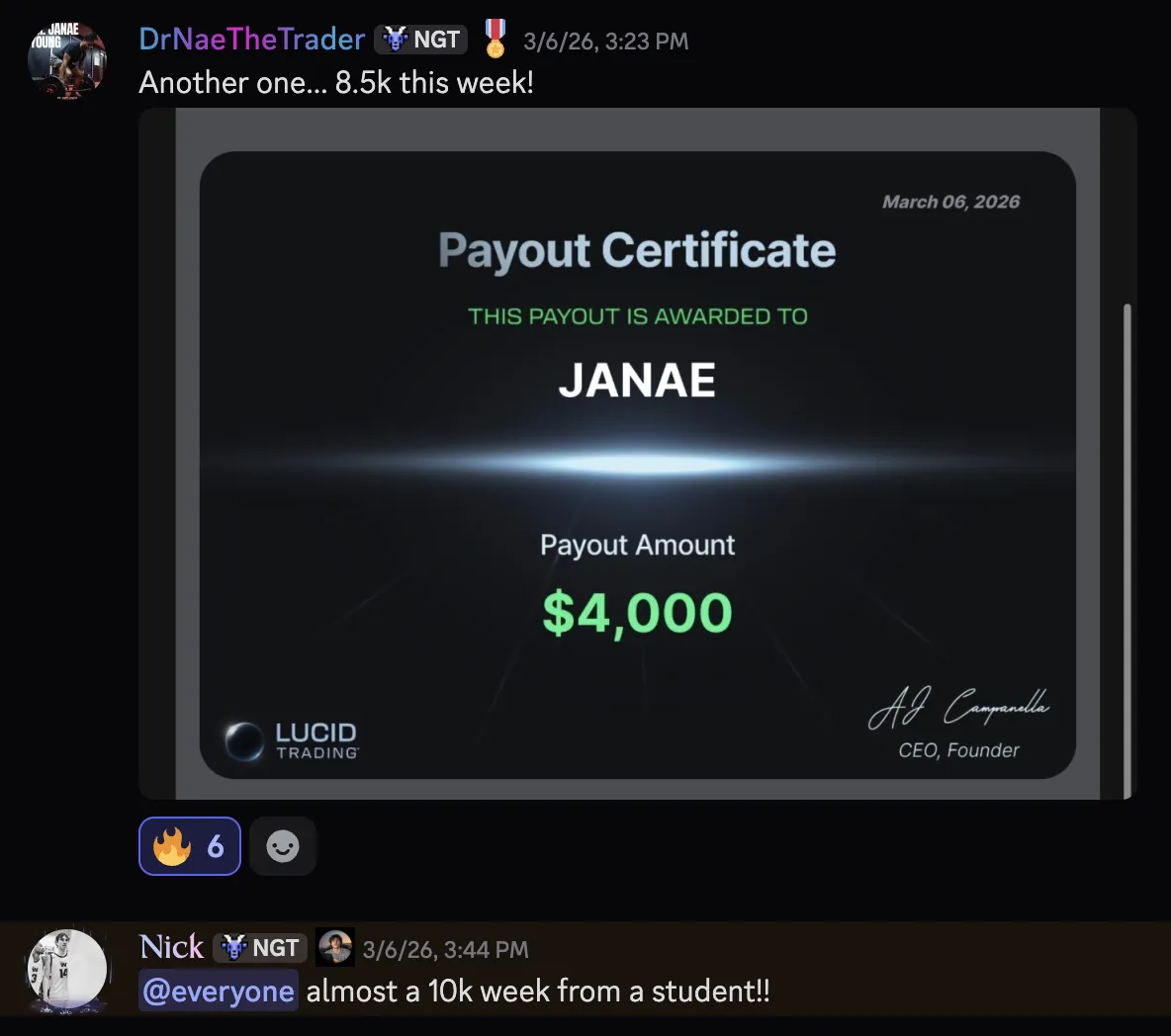 Student payout certificate - $4,000